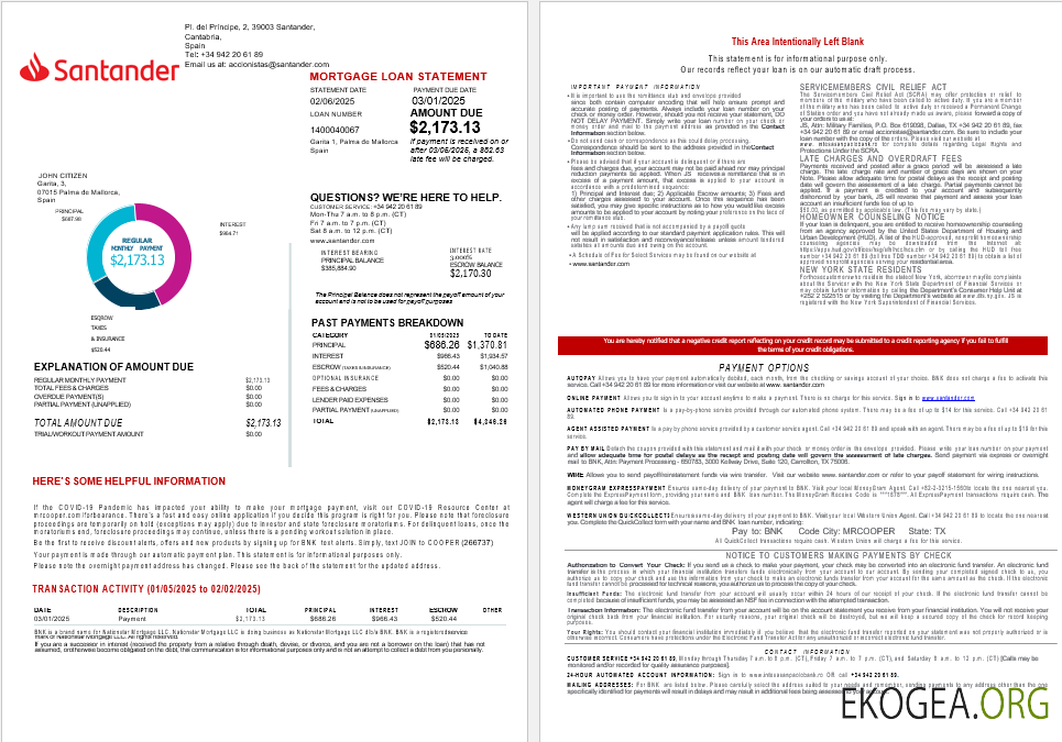 Espagne Relevé hypothécaire de la banque Santander aux formats Word et PDF 1 , 2